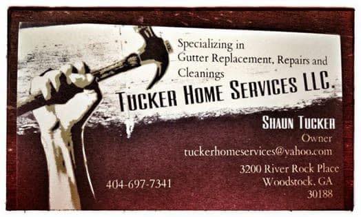 Tucker's Home Services business card showing owner Shaun Tucker, phone 404-697-7341, email tuckerhomeservices@yahoo.com, and address 3200 River Rock Place Woodstock GA 30188